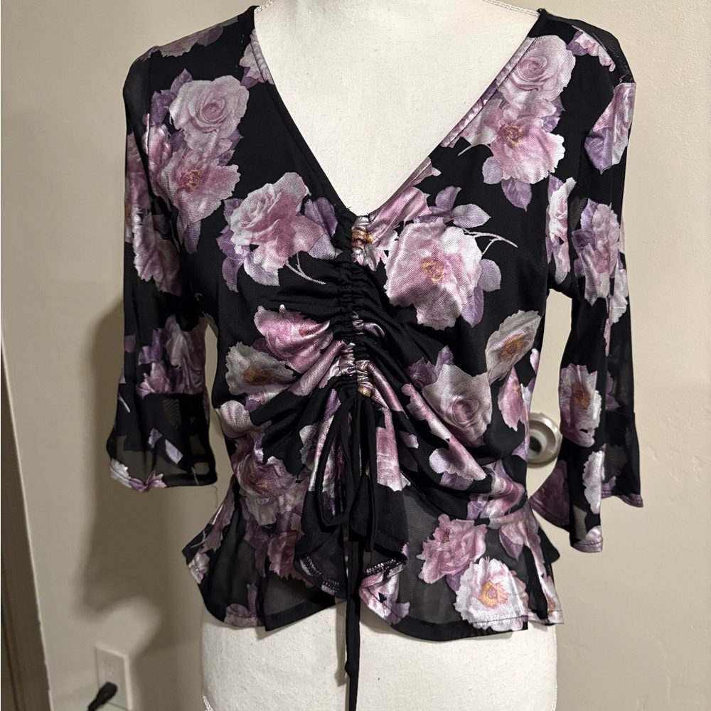 Almost Famous Black and Pink Floral Ruched Blouse